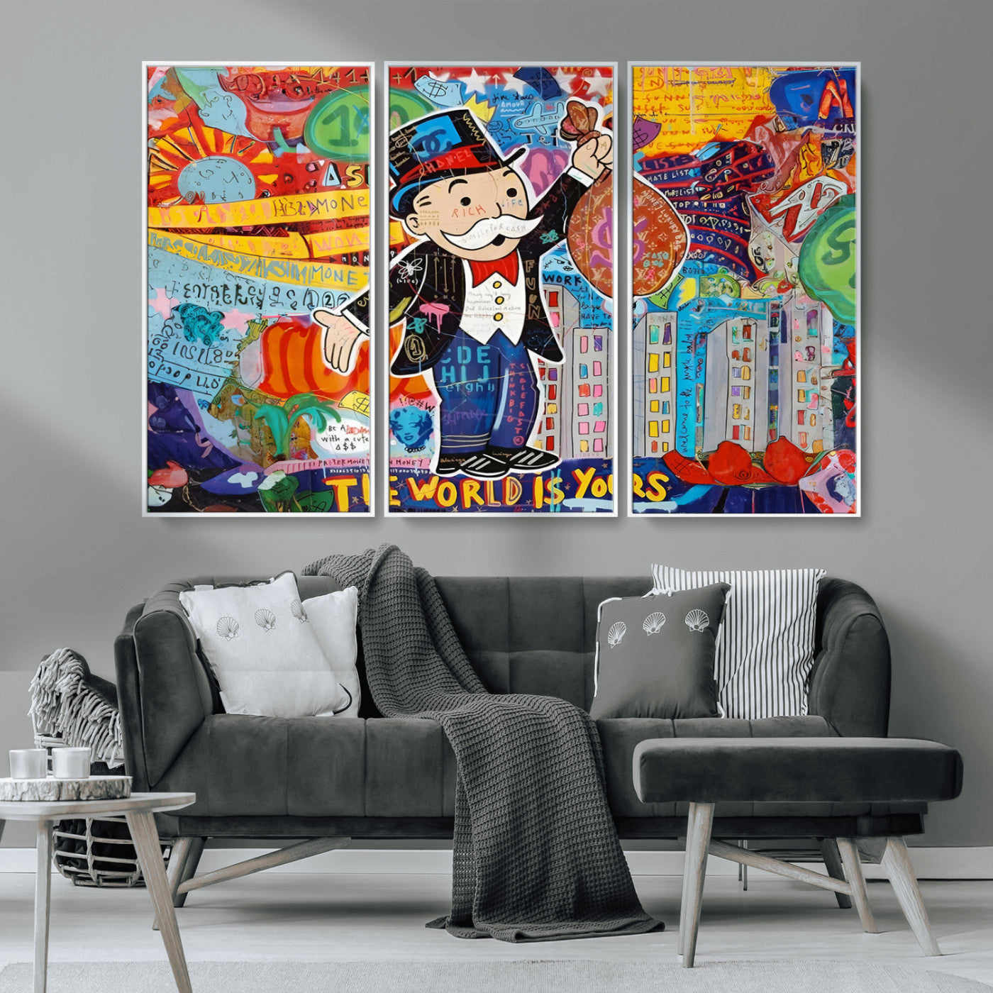 MGV-FC-48X32-3P - Pop Art Monopoly Man Canvas Wall Art Print - Bold and Colorful Street Art-Inspired Decor for Living