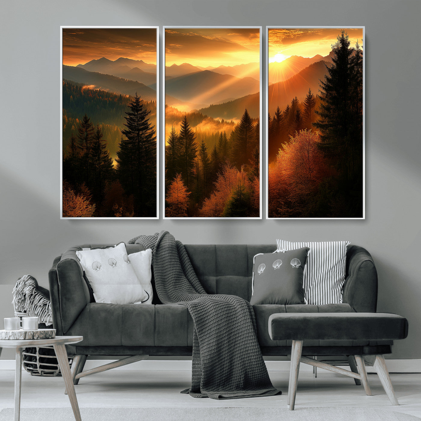 MGV-FC-48X32-3P - Golden Sunset Over Mountain Forest Canvas Wall Art Print - Warm Nature Landscape Print