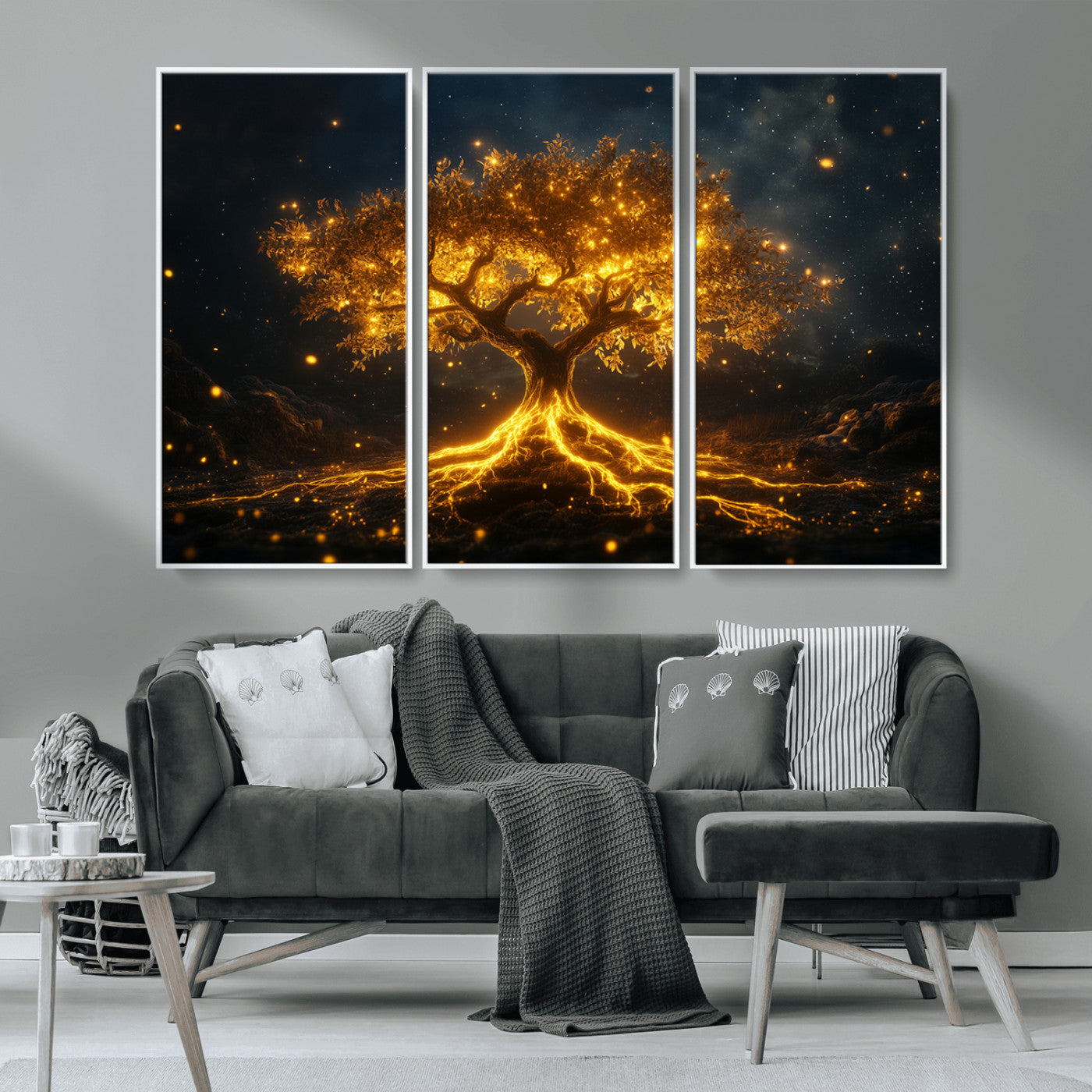 MGV-FC-48X32-3P - Golden Tree of Life Canvas Wall Art Print - Majestic Glowing Tree Design for Living Room, Office, or