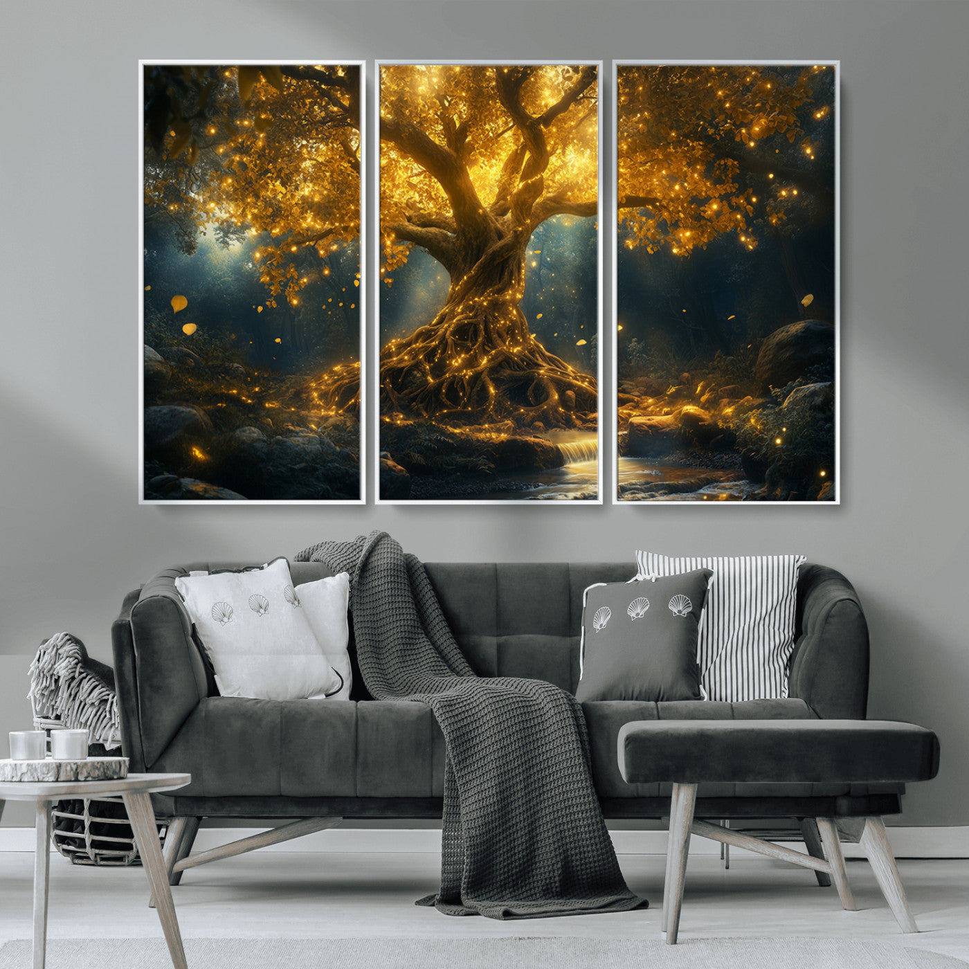 MGV-FC-48X32-3P - Golden Tree of Life Canvas Wall Art Print - Majestic Glowing Tree Wall Art Print