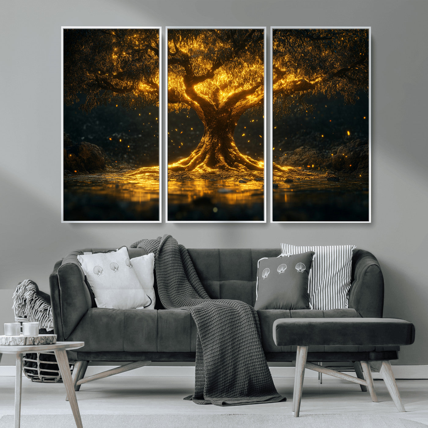 MGV-FC-48X32-3P - Golden Tree of Life Canvas Wall Art Print - Majestic Glowing Tree Wall Art Print