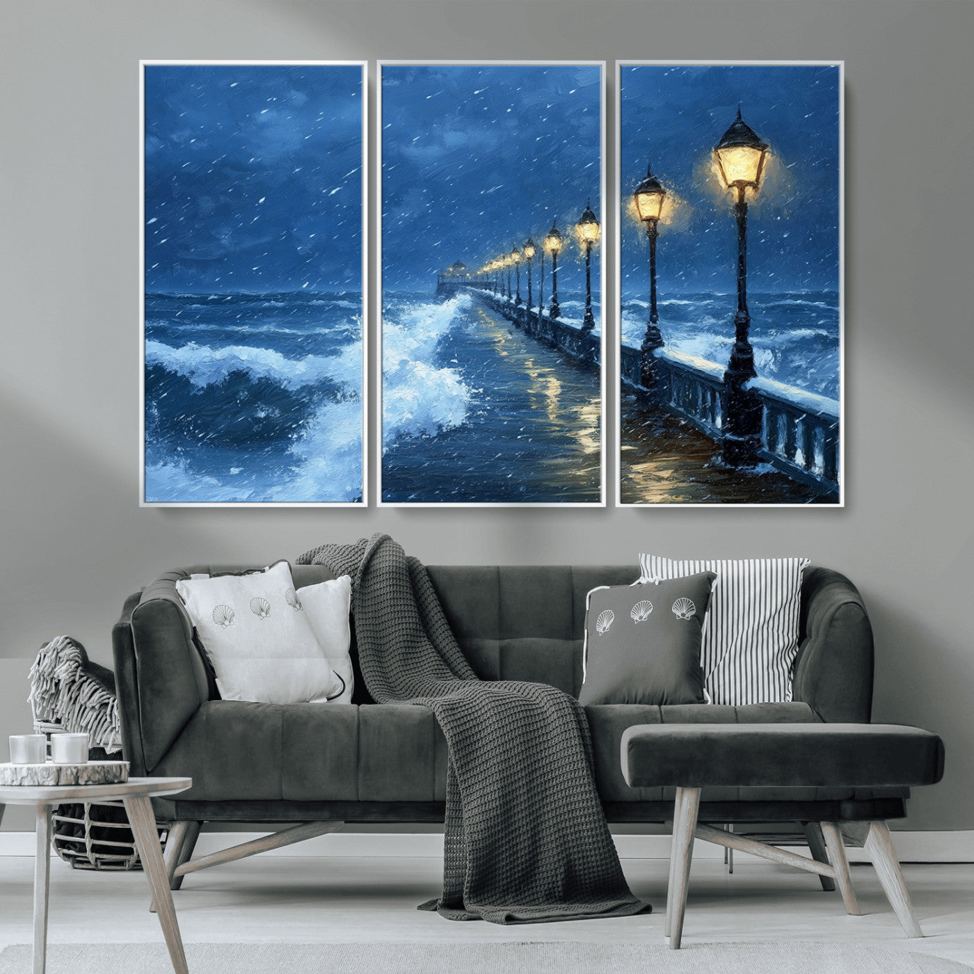 MGV-FC-48X32-3P - Stormy Ocean Pier Lights Canvas Wall Art Print - Large Moody Night Scene for Living Room, or Office,