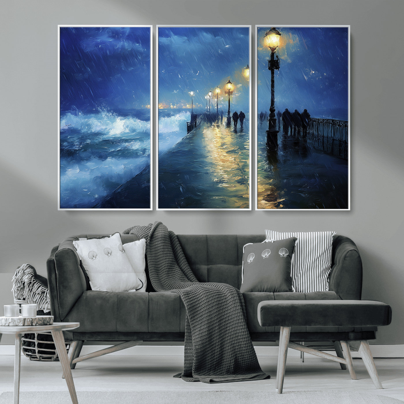 MGV-FC-48X32-3P - Abstract Stormy Ocean Pier Canvas Wall Art Print | Stormy Ocean Art | Large Moody Night Scene Print,