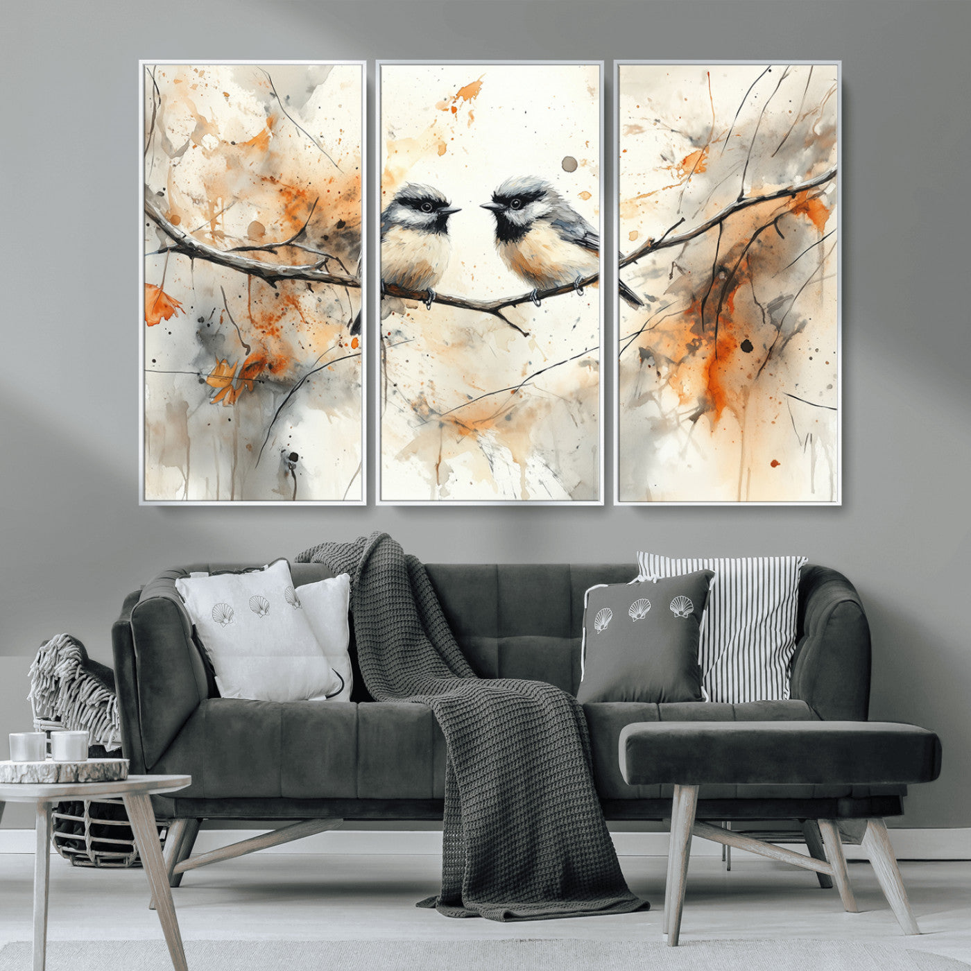 MGV-FC-48X32-3P - Abstract Watercolor Chickadee Bird Canvas Wall Art Print - Large Bird and Branch Wall Art, Modern