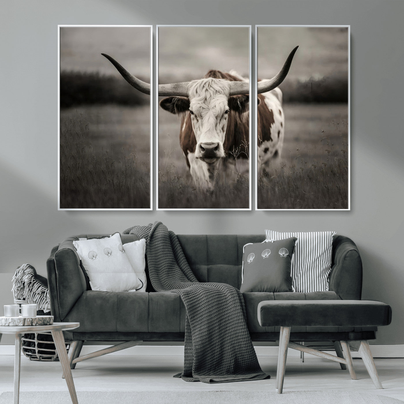 MGV-FC-48X32-3P - Texas Longhorn Cow Canvas Wall Art Print - Large Rustic Longhorn Art for Living Room, Western Wall