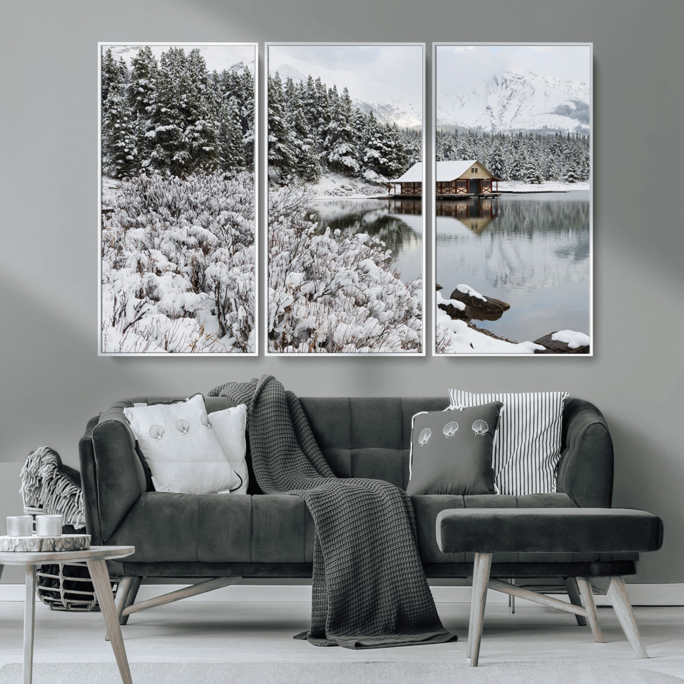 MGV-FC-48X32-3P - Winter Wall Art - Cabin by the Lake Canvas Wall Art - Serene Snowy Landscape with Mountain View,