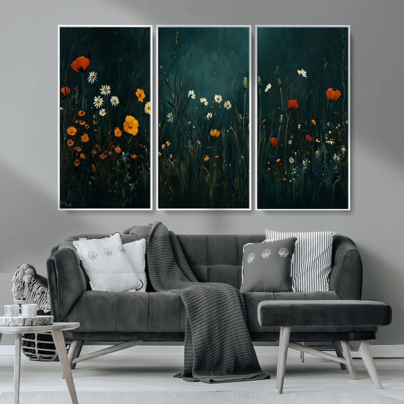 MGV-FC-48X32-3P - Framed Wildflower Field Wall Art, Framed Vintage Botanical Landscape Sign, Floral Decor, Modern