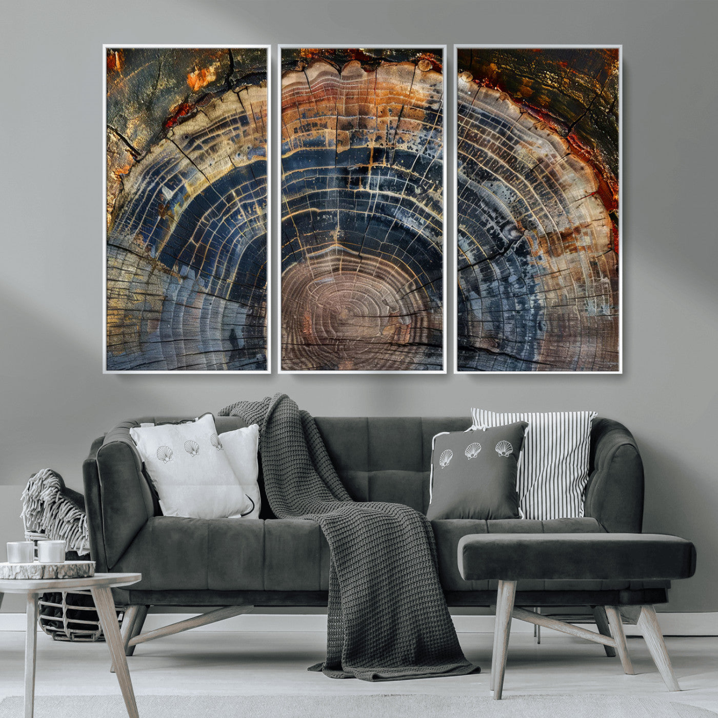 MGV-FC-48X32-3P - Framed Tree Ring Wall Art - Abstract Colorful Tree Ring Wall Decor, Minimalist Home Canvas Art,
