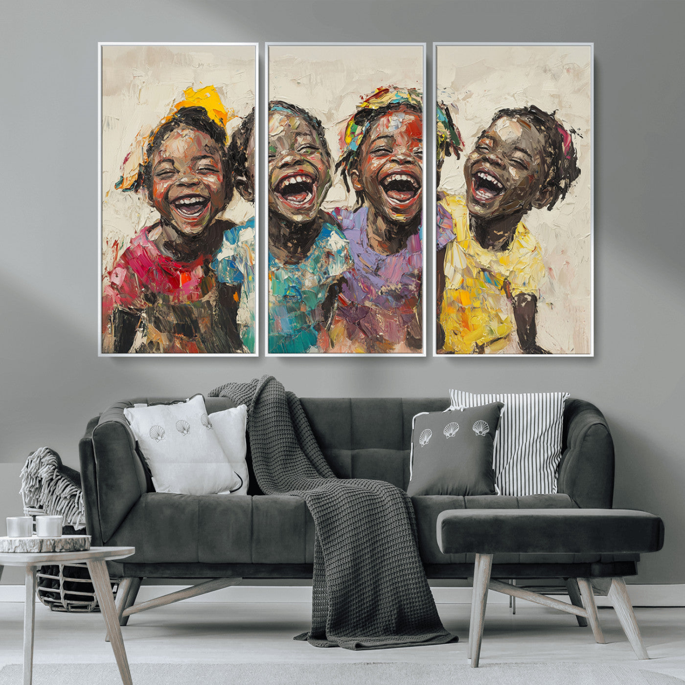 MGV-FC-48X32-3P - Shai Yossef style Joyful Childhood Canvas Wall Art - Expressive Impasto Painting of Black Children
