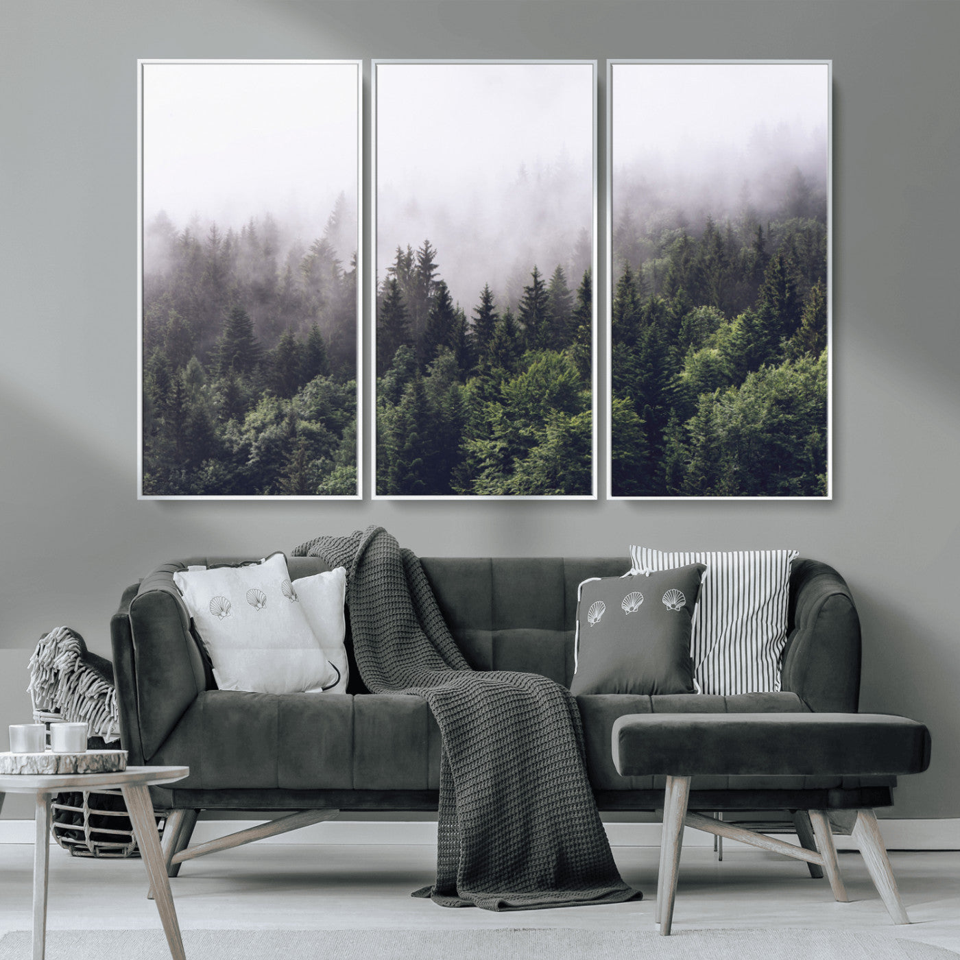 MGV-FC-48X32-3P - Misty Forest Wall Art | Foggy Forest Canvas Print | Large Nature-Inspired Misty Tree Landscape for