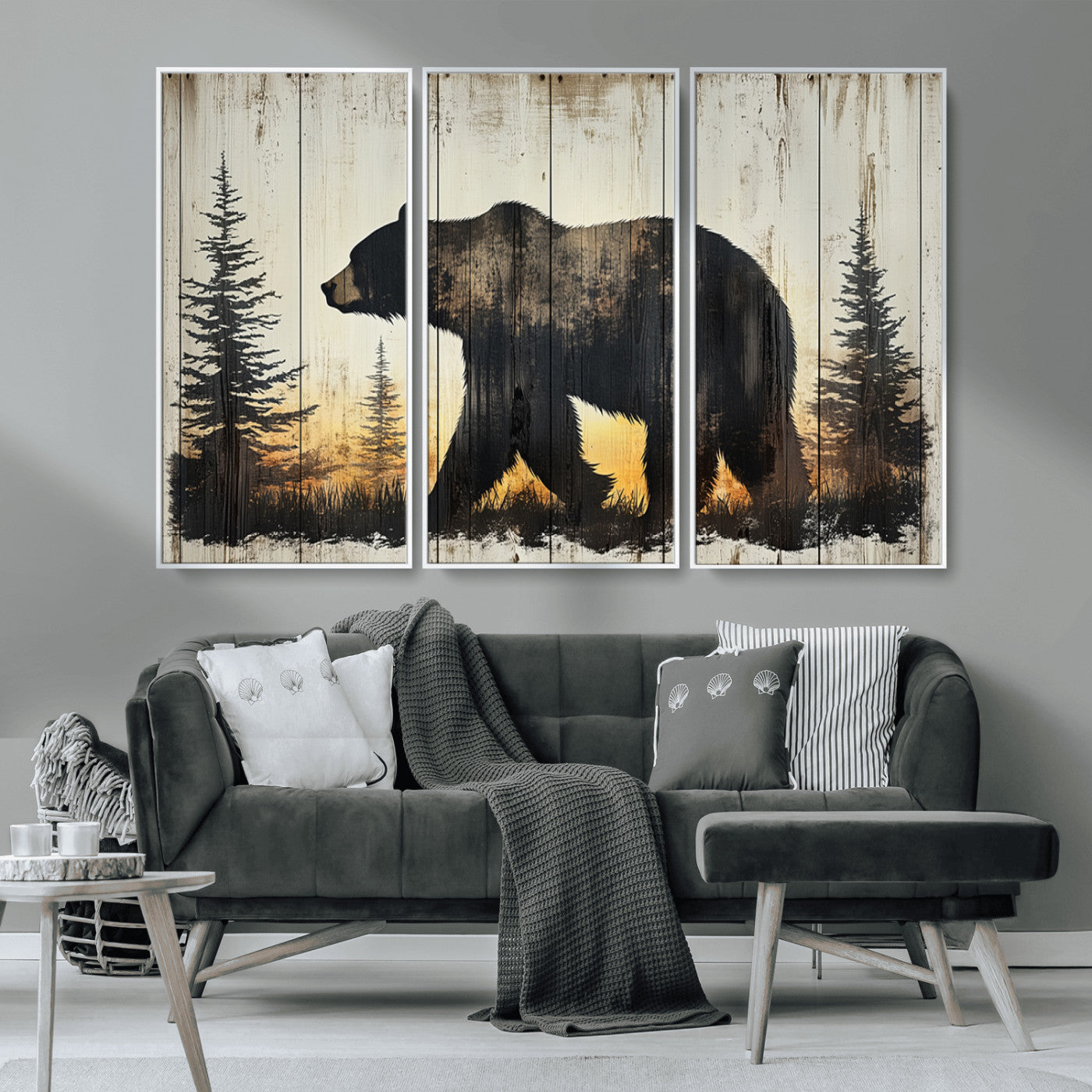 83875-MGV-CV-36X24-Vintage Bear Wall Art Canvas Print for Farmhouse - Mountain Wood Canvas Wall Art - Forest Silhouette