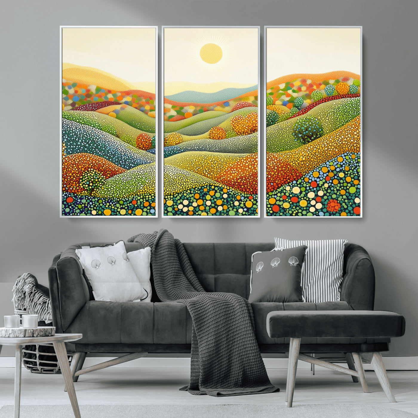 MGV-FC-48X32-3P - YAYOI KUSAMA Colorful Dot Art Landscape Canvas - Framed Abstract Pointillism Inspired by Nature with
