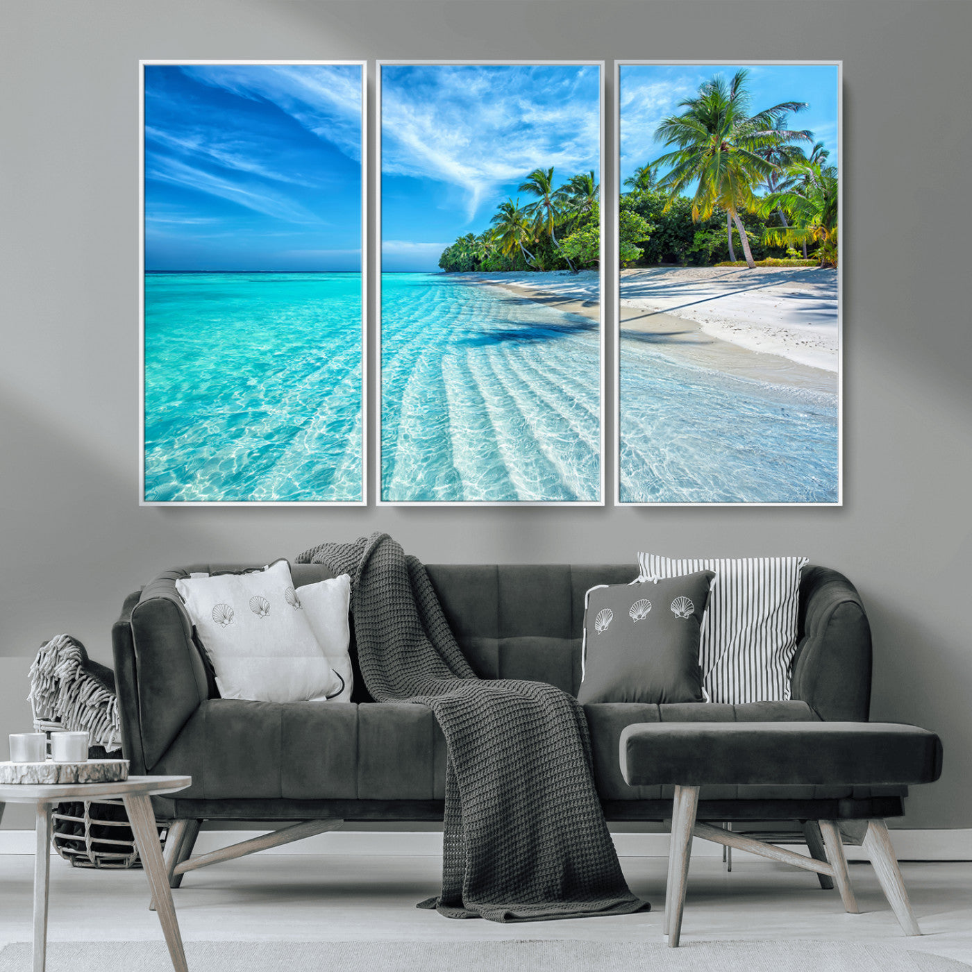 MGV-FC-48X32-3P - Tropical Beach Wall Art Canvas Print - Serene Ocean Landscape with Crystal Clear Turquoise Water and