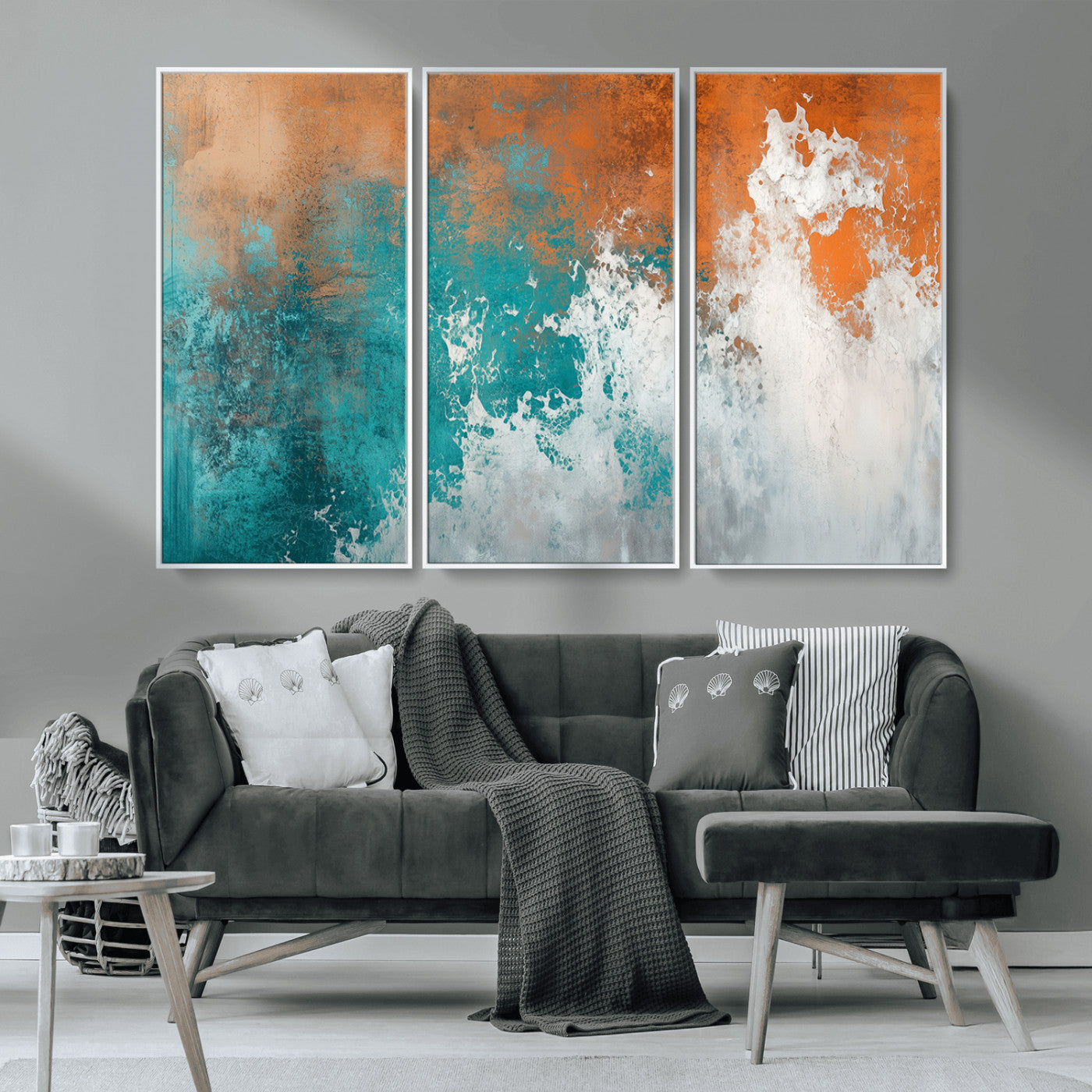 MGV-FC-48X32-3P - Vintage Abstract Print - Bold Teal and Orange Canvas Wall Art - Retro-Vintage Abstract Orange Canvas