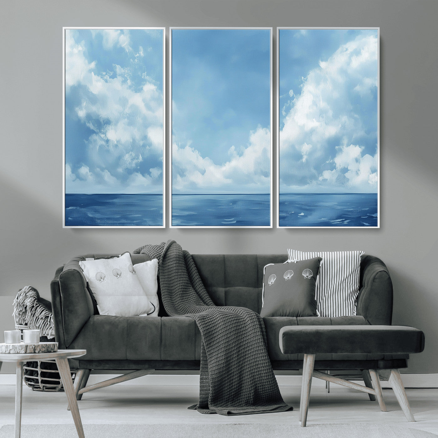 MGV-FC-48X32-3P - Abstract Ocean Print Artwork- Serene Blue Ocean Canvas Wall Art - Minimalist Ocean and Sky Canvas