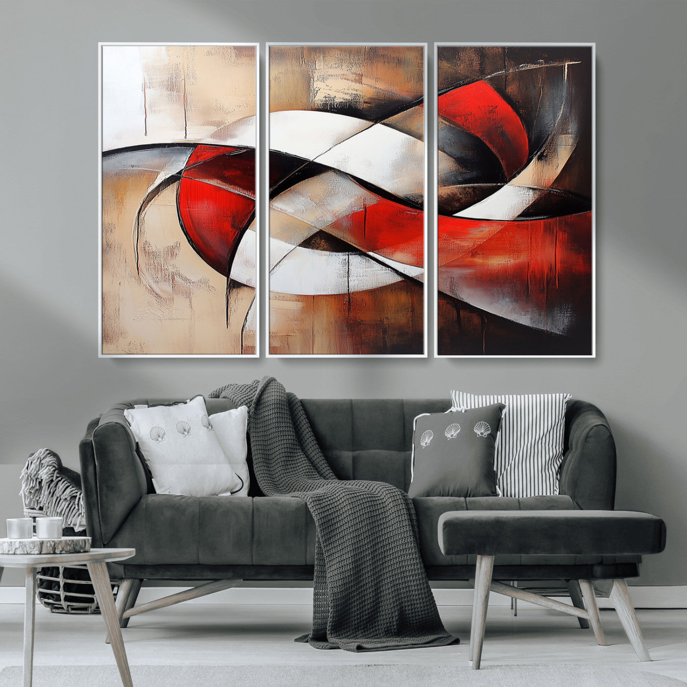 MGV-FC-48X32-3P - Abstract Wall Art - Modern Red and White Canvas Wall Art Print - Bold Geometric Abstract Canvas for