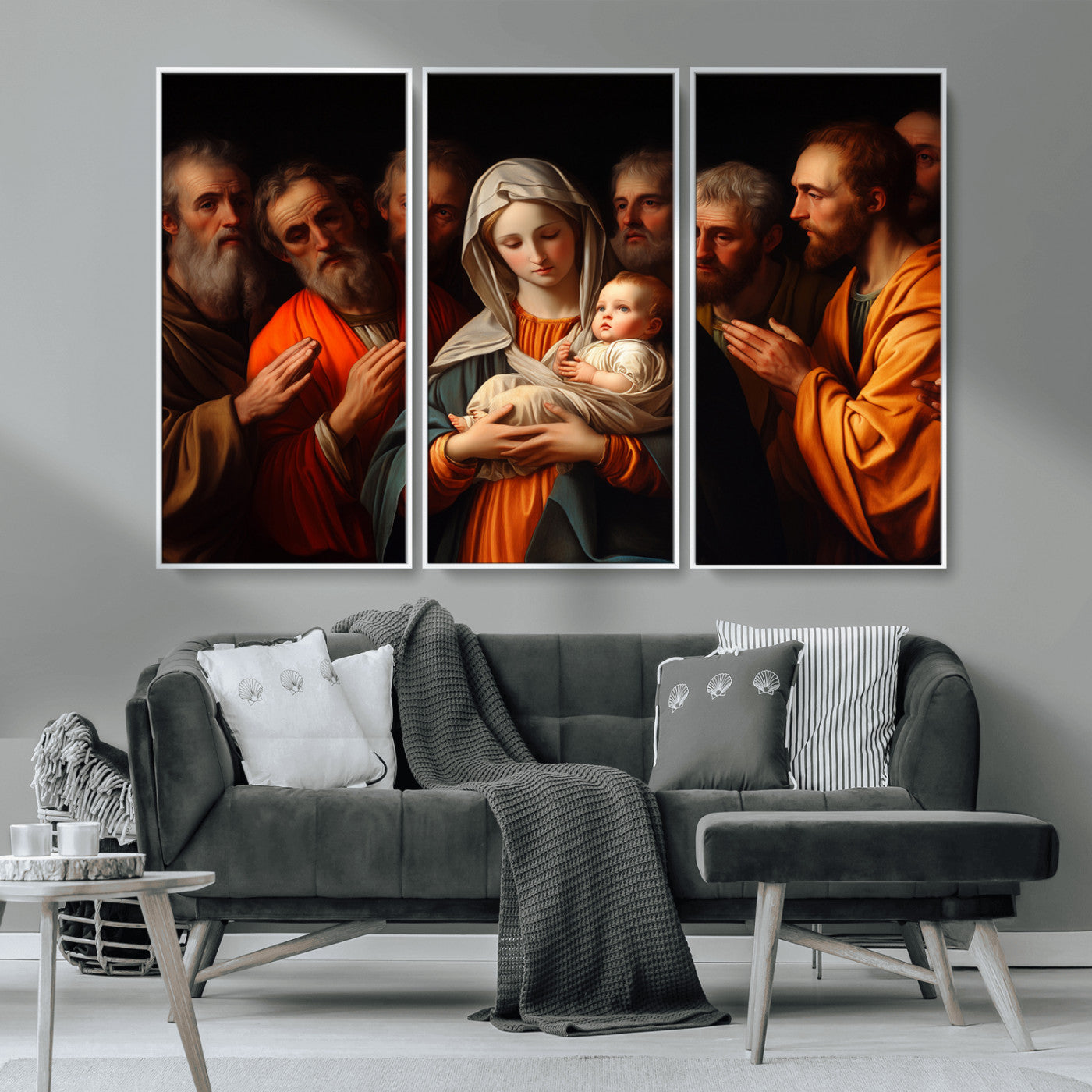 MGV-FC-48X32-3P - Religious Canvas Wall Art Print - Madonna and Child with Apostles Art Print - Classic Christian