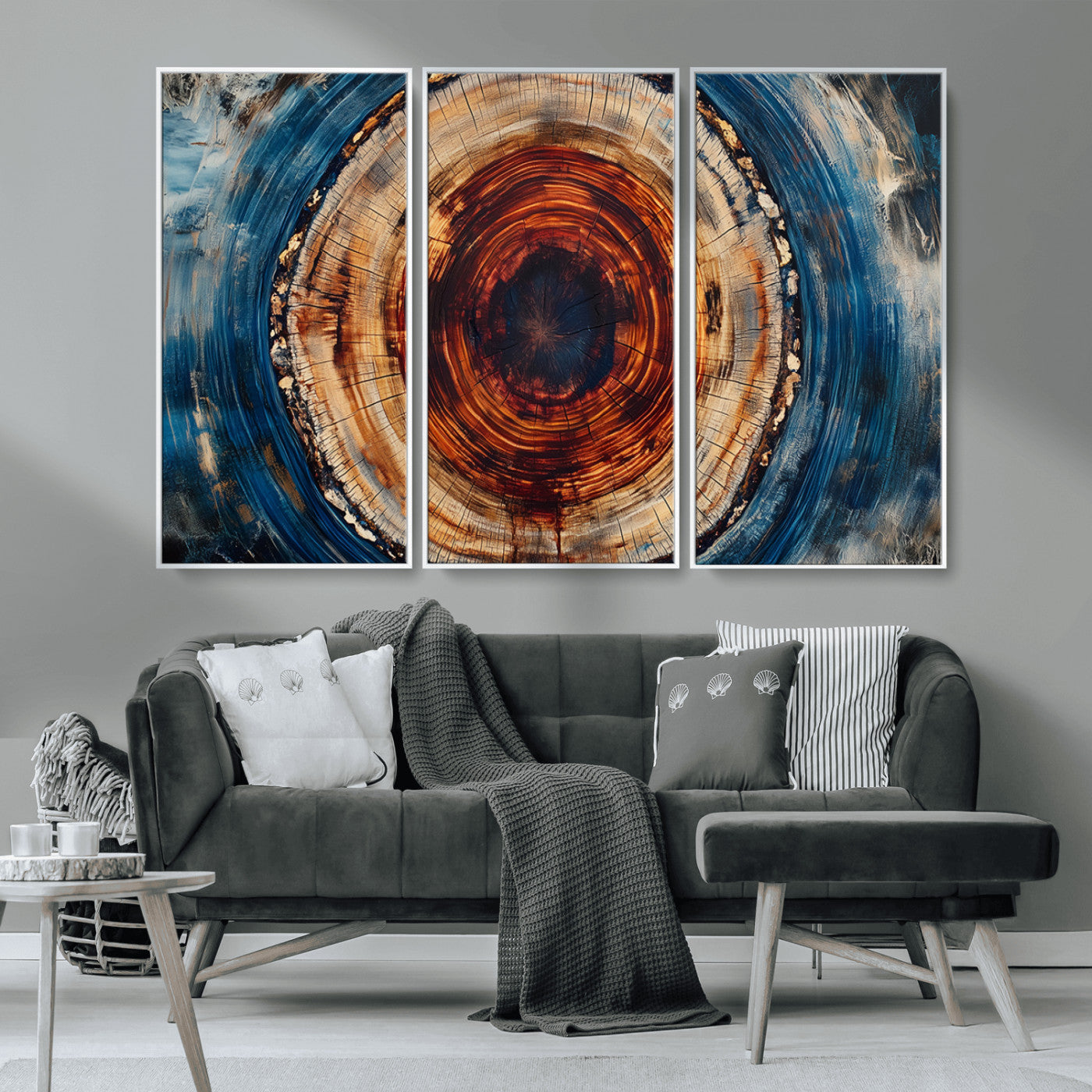 MGV-FC-48X32-3P - Abstract Framed Tree Rings Wall Decor, Wood Grain Rings Artwork Print, Nature Woodland Modern Wall