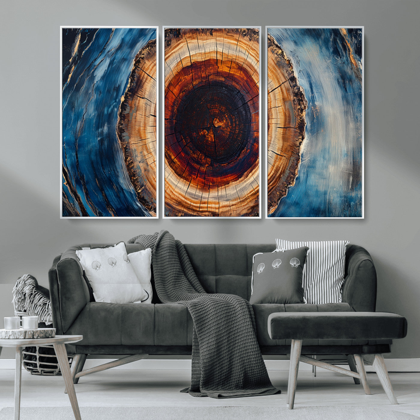 MGV-FC-48X32-3P - Framed Abstract Tree Ring Wall Art Print, Natural Rustic Wood Texture Canvas Print, Wood Tree Stump