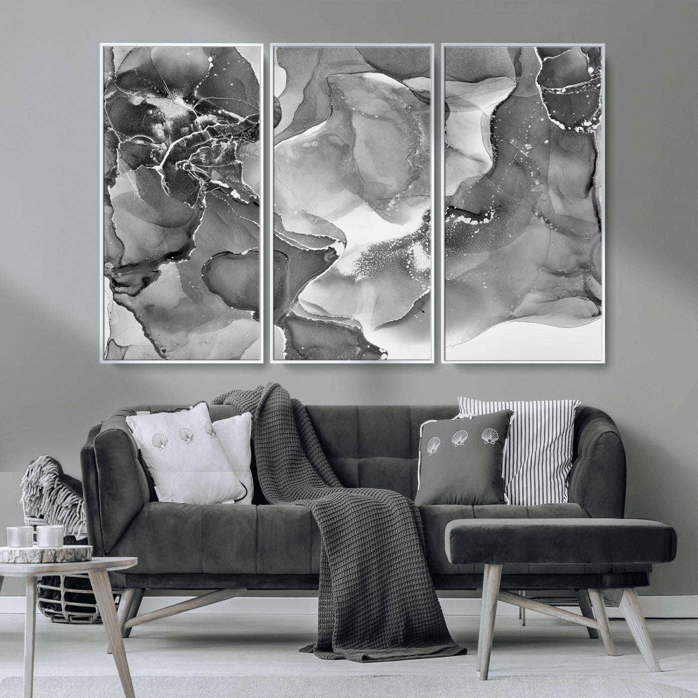MGV-FC-48X32-3P - Black White Abstract Canvas Wall Art - Fluid Ink Artwork - Modern Luxury Wall Decor for Contemporary