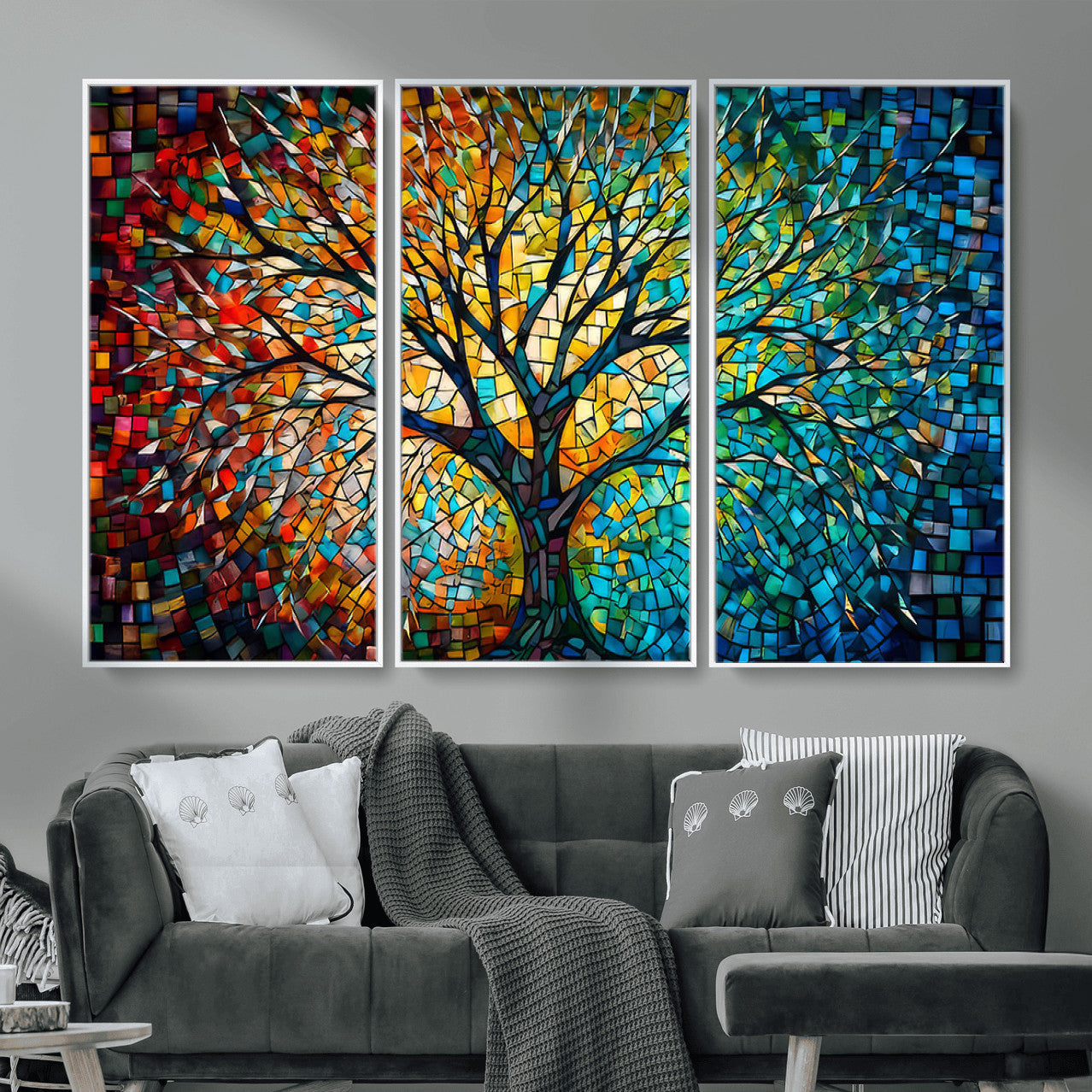 99325-MGV-CV-36X24 - Yggdrasil Tree of Life Wall Art Print Canvas | Mosaic Style 3-Panel Canvas Print