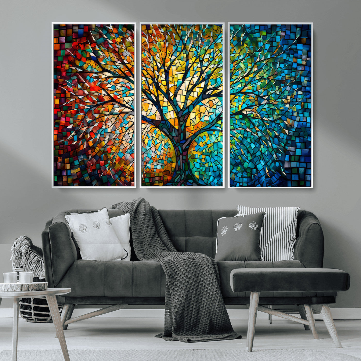 99325-MGV-CV-36X24-Yggdrasil Tree of Life Wall Art Print Canvas | Mosaic Style 3-Panel Canvas Print