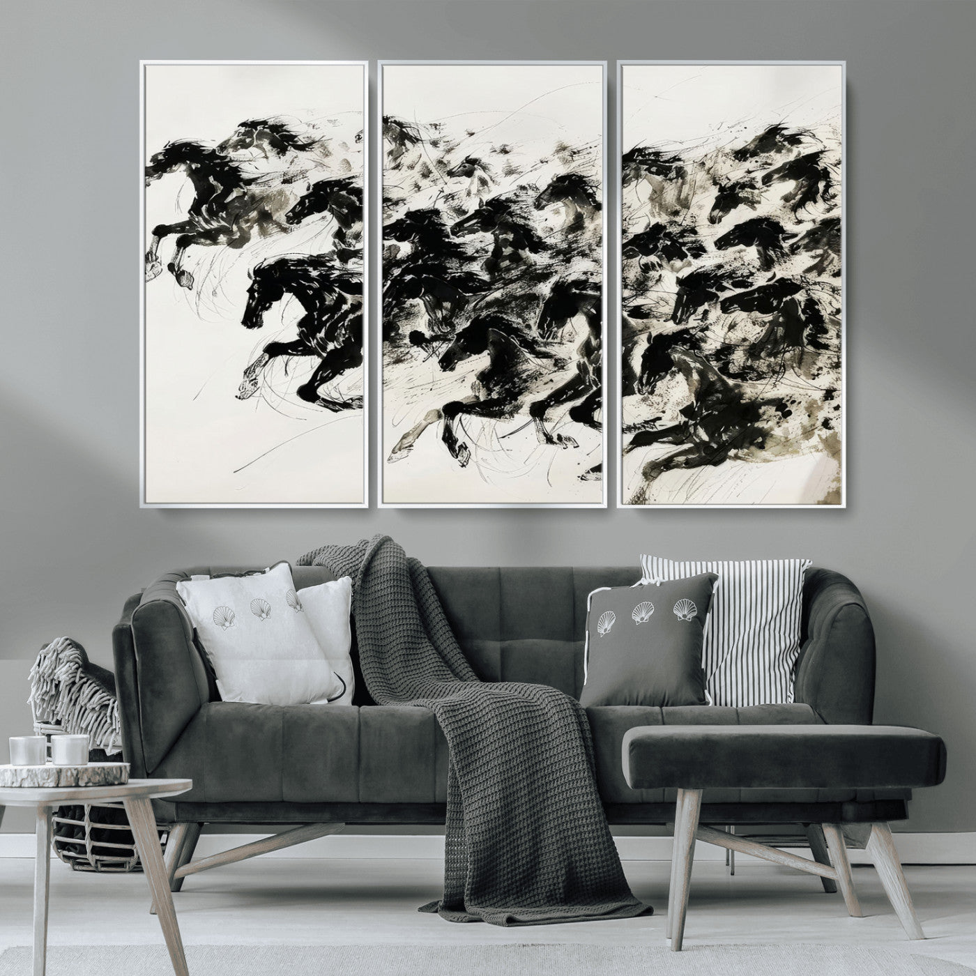 MGV-FC-48X32-3P - Abstract Horse Wall Art Canvas Print - Dynamic Black Ink Horse Print - Modern Equine Wall Decor for