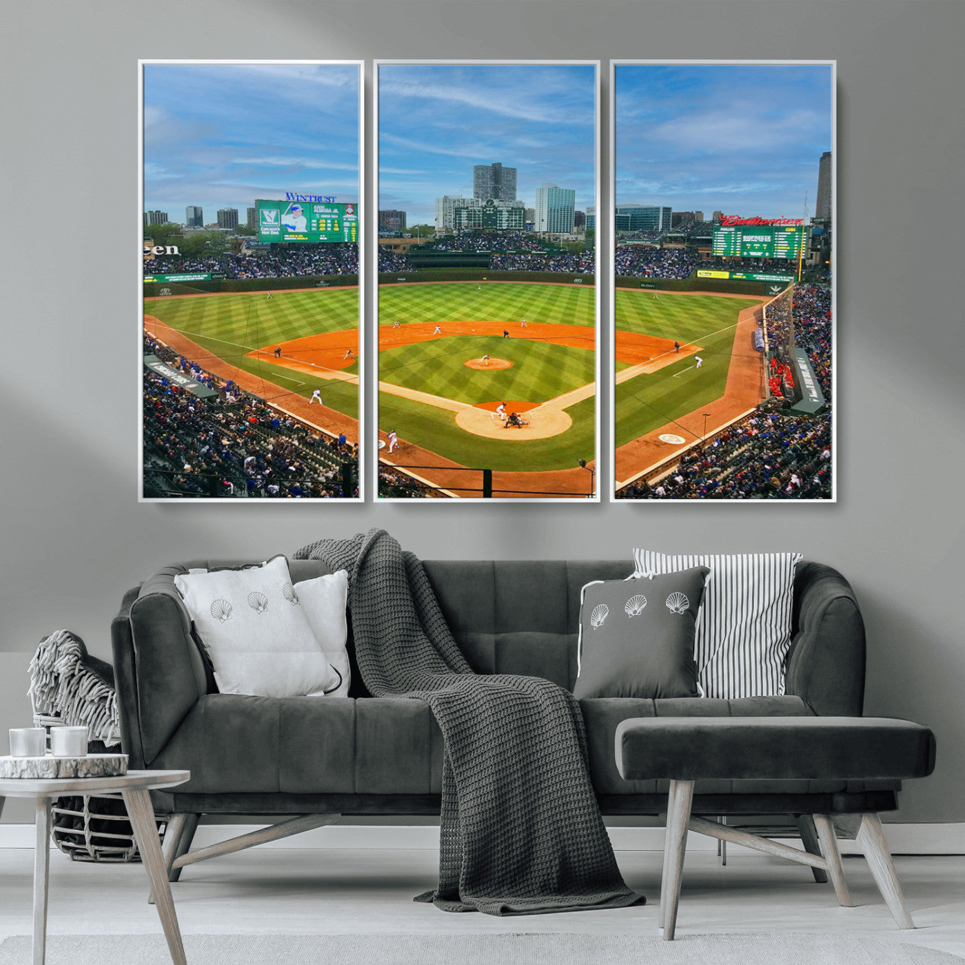 MGV-FC-48X32-3P - Wrigley Field Chicago Cubs Panoramic Multi Piece Canvas Wall Art - Iconic Baseball Stadium Print for