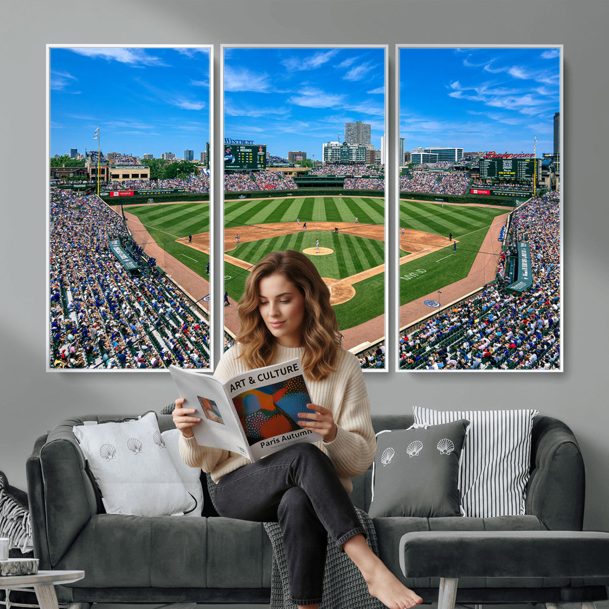 26064-MGV-CV-36X24 - Wrigley Field Chicago Cubs Wall Art Canvas Print Framed Panoramic Multi-Piece Iconic Baseball Stadium Artwork for Home, Office