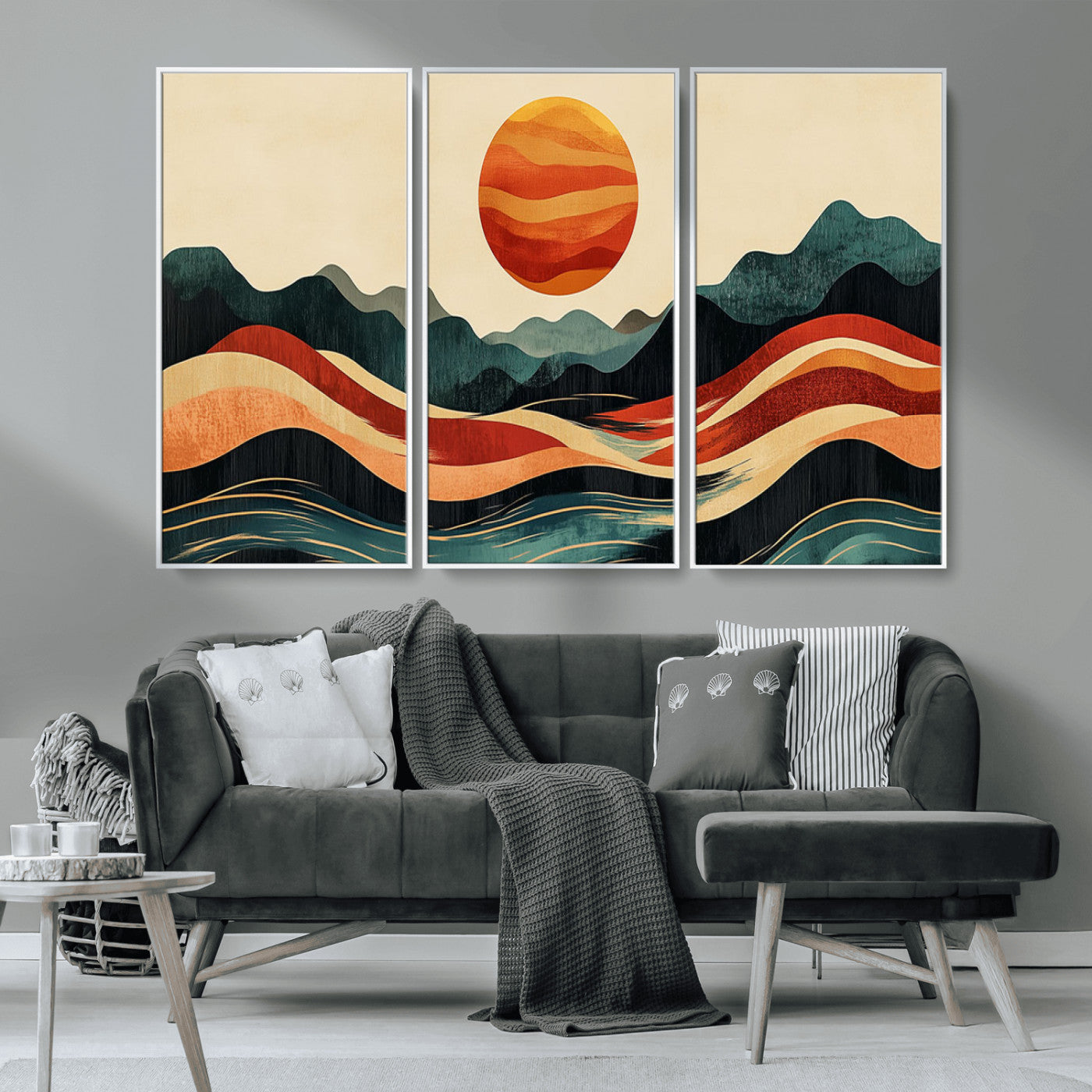 MGV-FC-48X32-3P - Mountain Triptych Wall Art - Western Nature Prints - Framed Boho Pine Tree Canvas for Log Cabin or