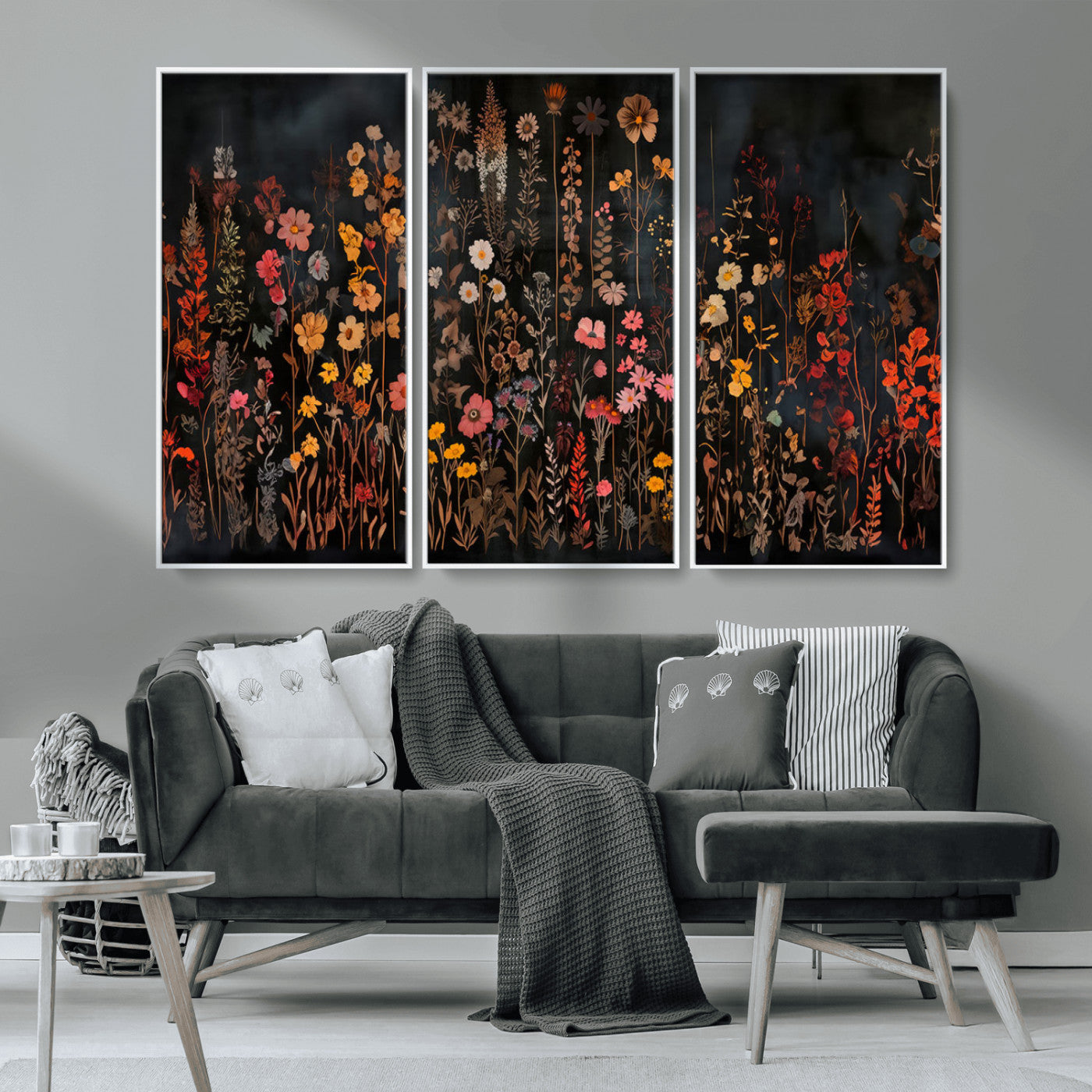 MGV-FC-48X32-3P - Dark Floral Canvas Wall Art - Moody Botanical Flower Print - Rustic Floral Wall Decor for Home -