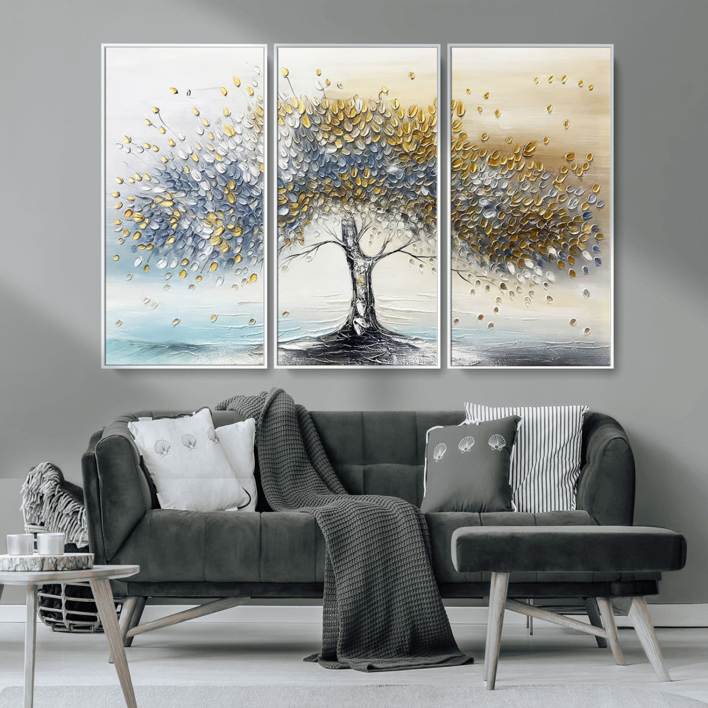 An elegant impasto painting featuring a tree with shimmering silver and gold leaves, blending soft pastels to create a calm and sophisticated atmosphere.