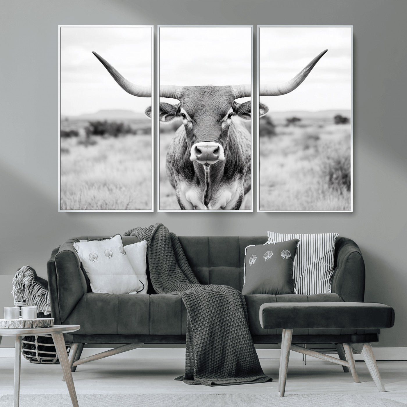 MGV-FC-48X32-3P - Highland Cow Wall Art Print - Black and White Texas Western Longhorn Canvas - Farmhouse Decor Print