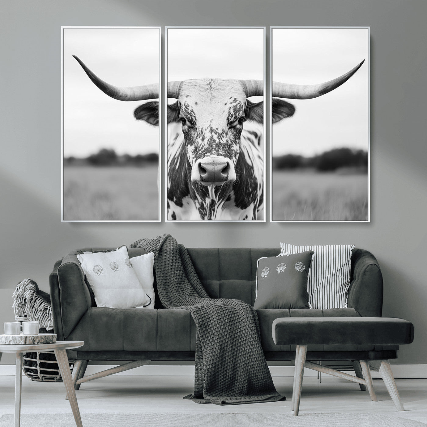 MGV-FC-48X32-3P - Highland Cow Wall Art - Black and White Western Longhorn Canvas Print - Farmhouse Living Room Decor