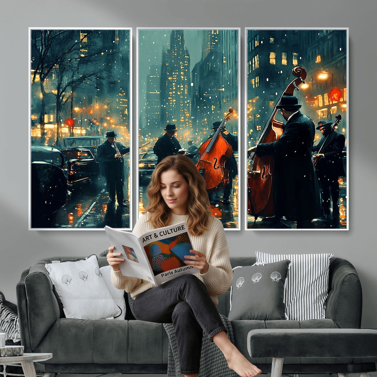 53391-MGV-CV-24X16 - Urban Night Jazz Wall Art Canvas Print | Moody Rain Soaked City Street Band Scene