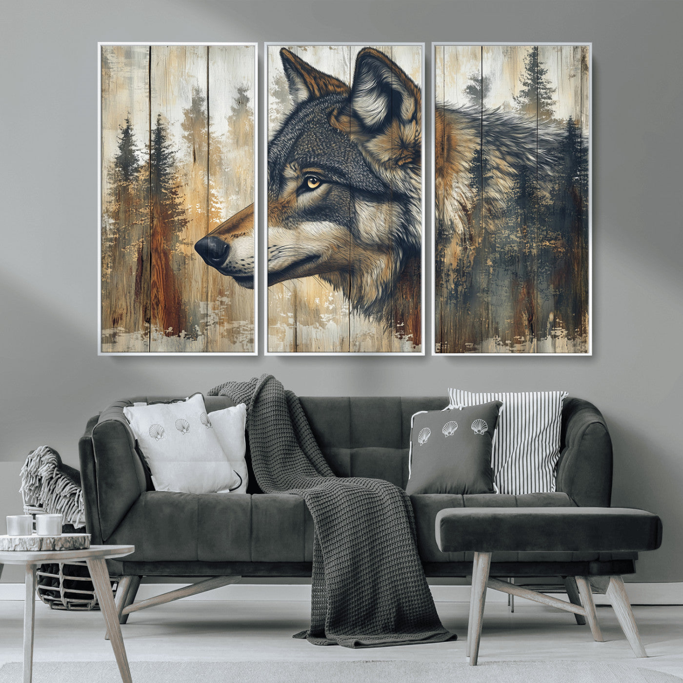 MGV-FC-48X32-3P - Rustic Wolf Wall Art Canvas Print, Vintage Woodland Wolf Wall Art