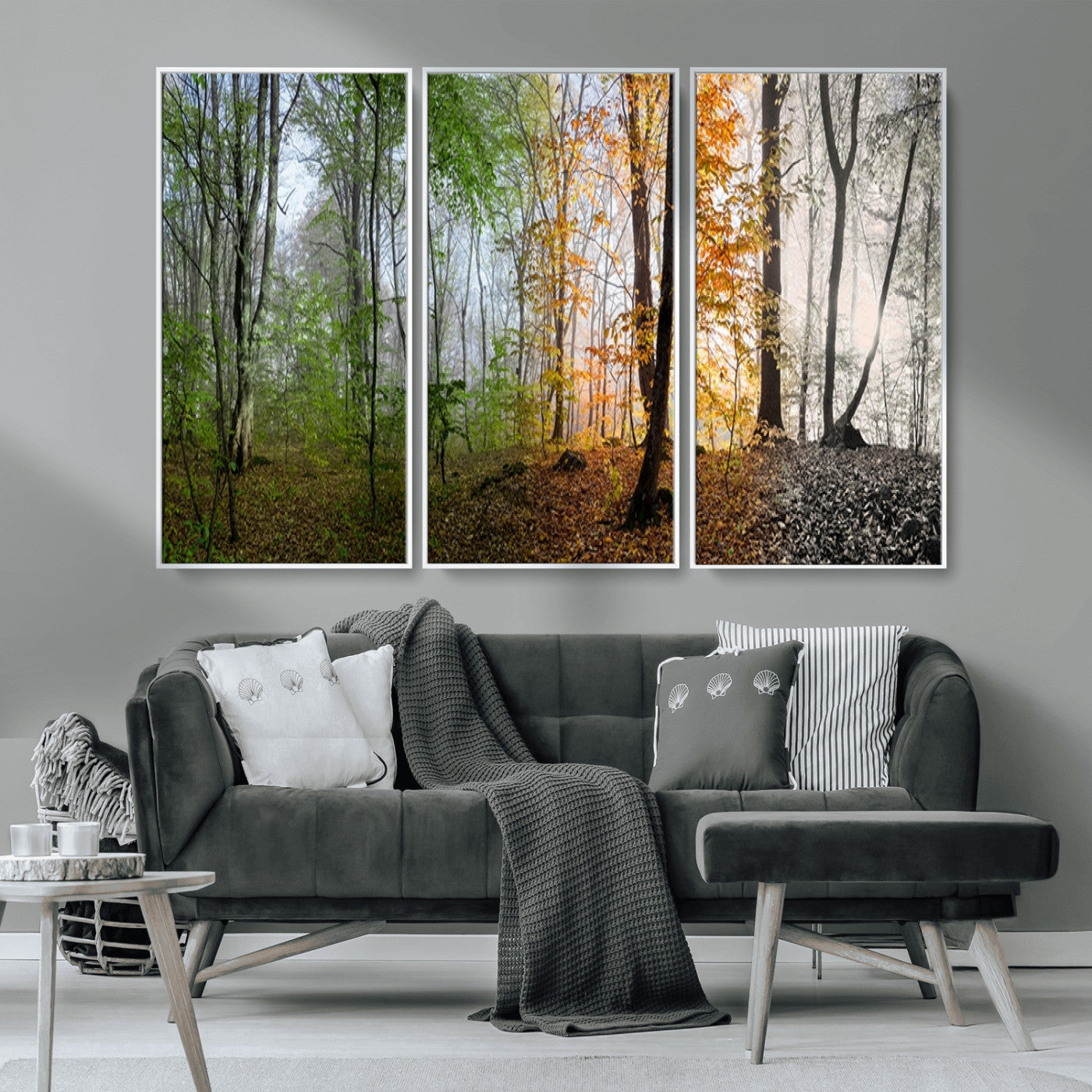MGV-FC-48X32-3P - Four Seasons Wall Art Forest Canvas Print – Triptych Seasonal Nature Print – Landscape Decor for