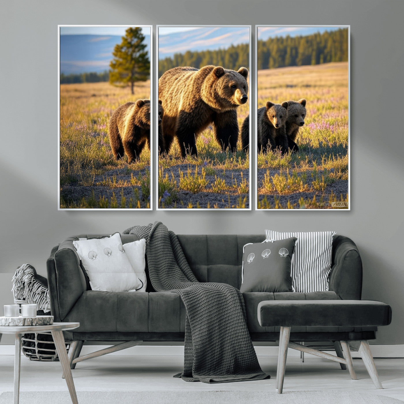 MGV-FC-48X32-3P - Grizzly 399 in Wild Flowers Wall Art Canvas Print, Grizzly Bears Wall Art, Queen of Grand Teton