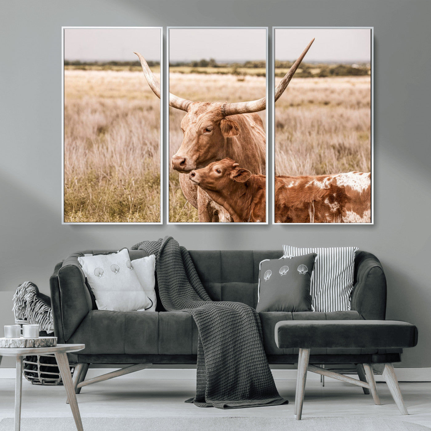 MGV-FC-48X32-3P - Texas Longhorn Cow Wall Art Canvas Print for Farmhouse Wall Art, Texas Decor, Western Wall Art Print