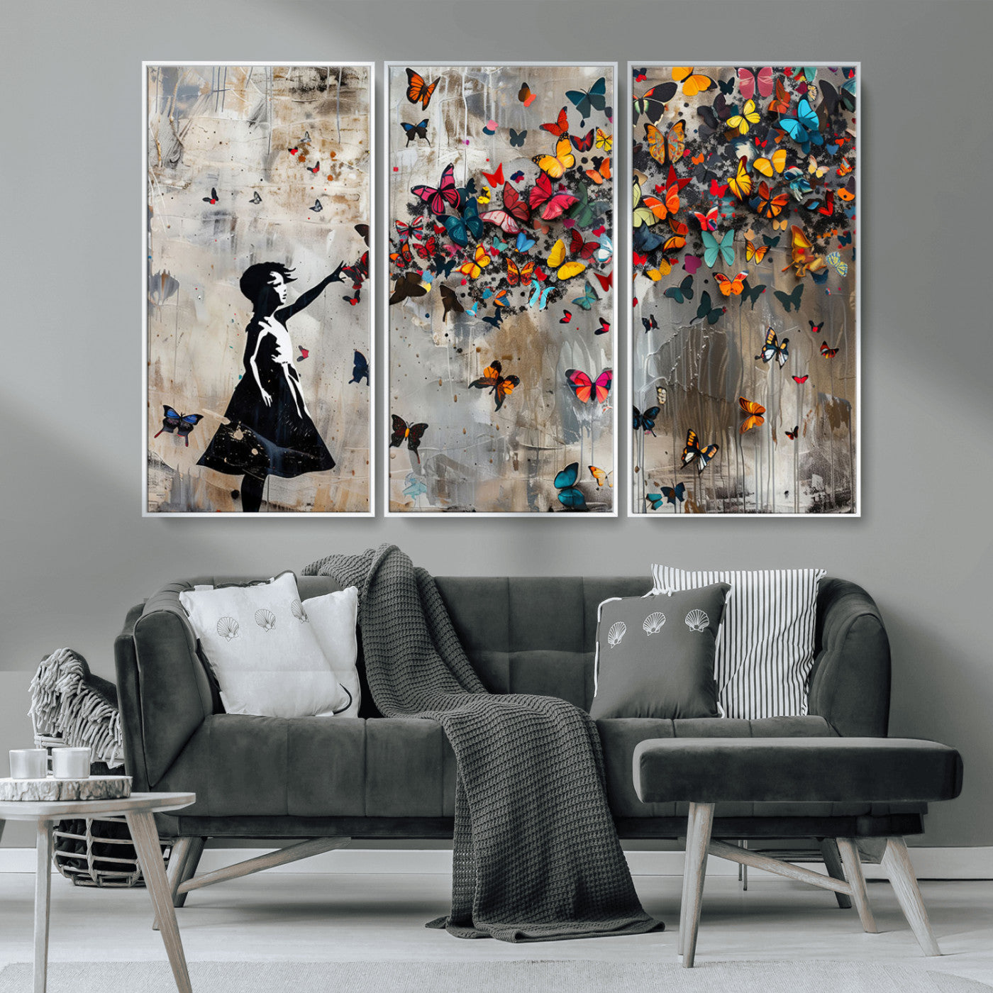 MGV-FC-48X32-3P - Banksy Butterfly Girl Wall Art | 3-Piece Butterfly Girl Canvas