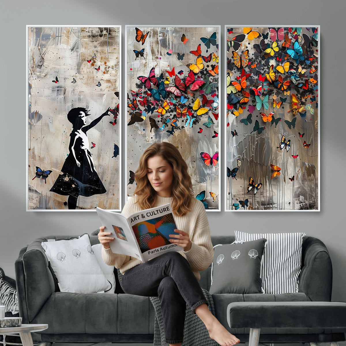 51446D-MGV-CV-24X16 - Banksy Butterfly Girl Wall Art | Modern Graffiti Canvas Print, Street Art Decor