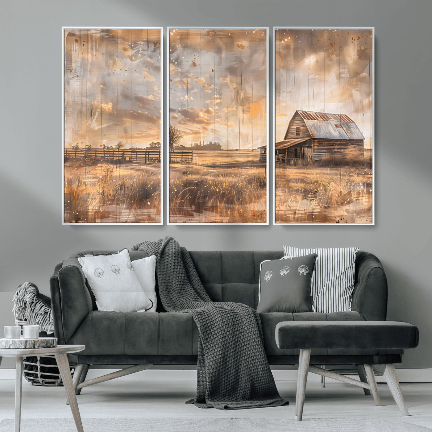 MGV-FC-48X32-3P - Rustic Farmhouse Wall Art Canvas Print | Barn and Field Canvas Print | Vintage Country Landscape