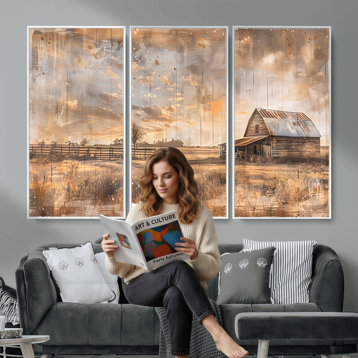 FARM2-MGV-CV-24X16 - Rustic Farmhouse Wall Art Canvas Print | Barn and Field Vintage Country Landscape
