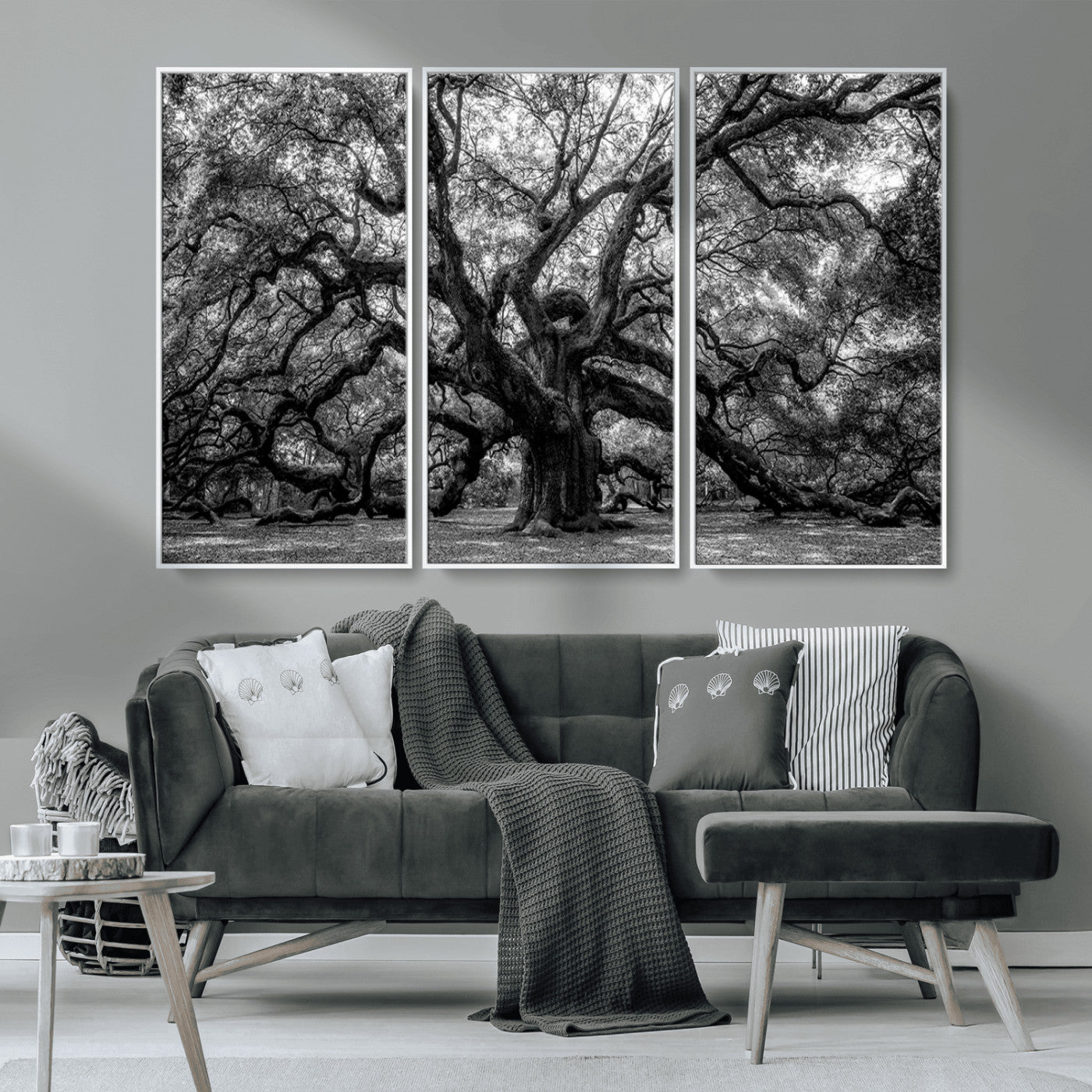 MGV-FC-48X32-3P - Black and White Old Angel Oak Tree Wall Art Canvas Print
