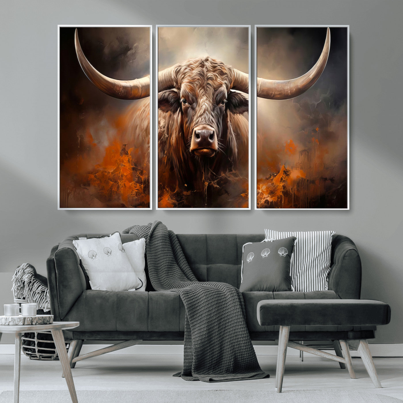 MGV-FC-48X32-3P - Highland Bull Canvas Abstract Canvas Wall Art Print – Powerful Highland Bull with Striking Horns in