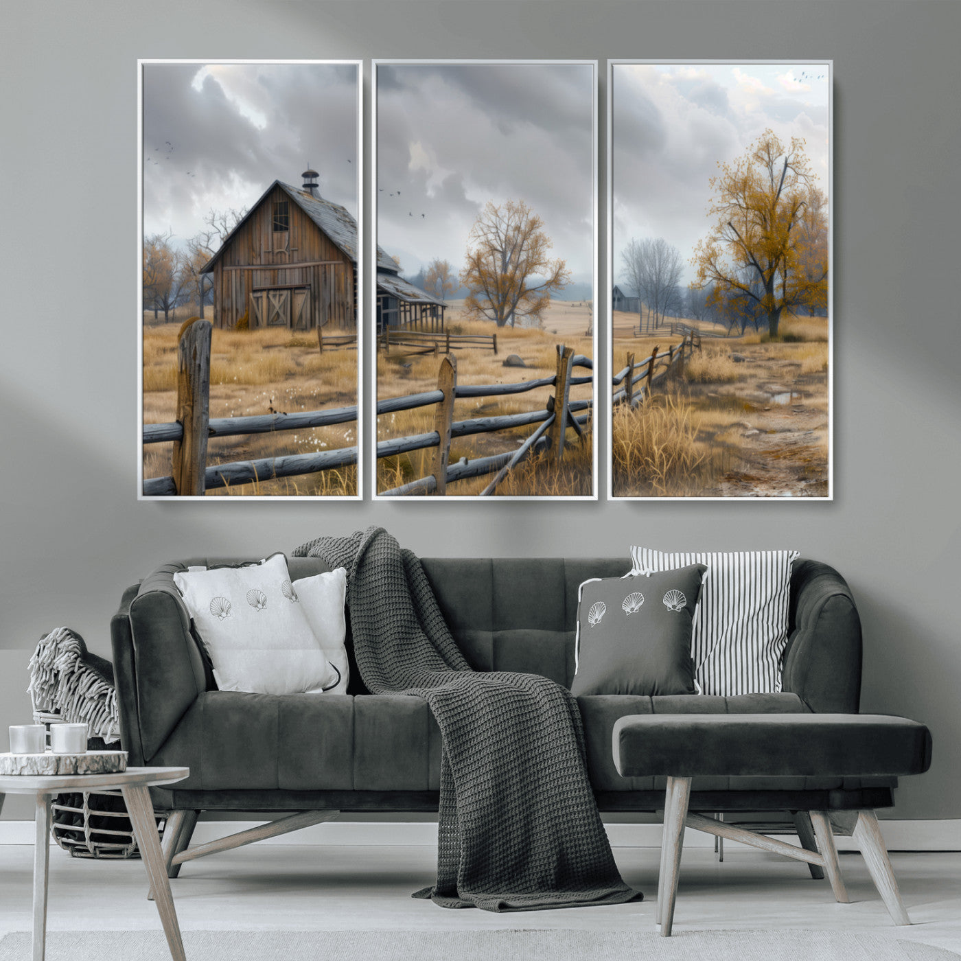 MGV-FC-48X32-3P - Rustic Autumn Farmhouse Wall Art Canvas Print – Serene Countryside Scene with Weathered Barn and