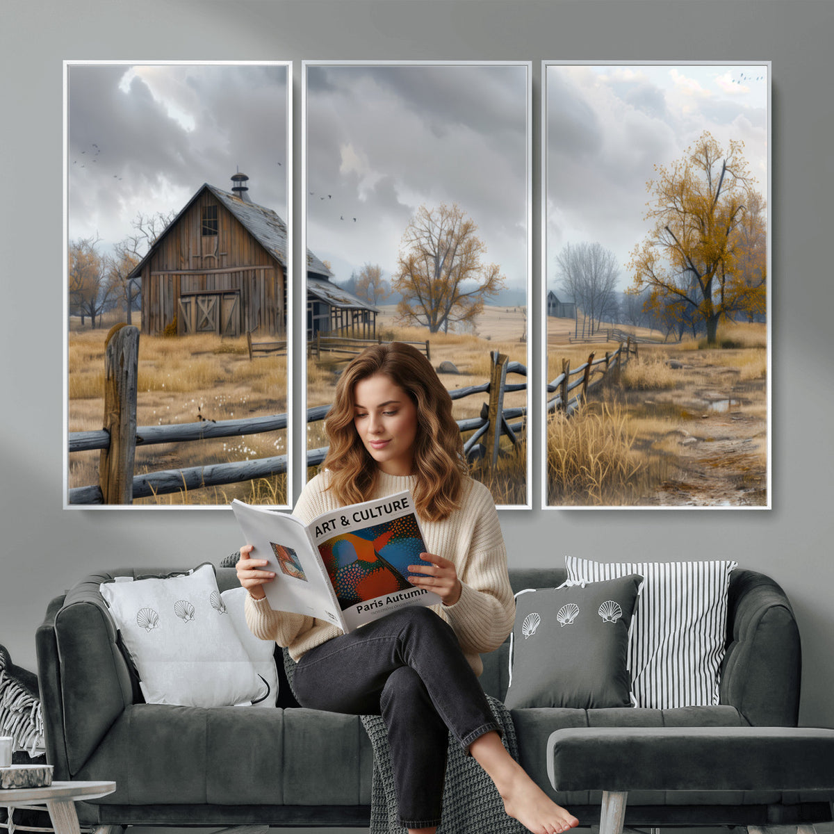 Farm1-MGV-CV-36X24 - Rustic Autumn Farmhouse Wall Art Canvas Print | Serene Countryside with Weathered Barn