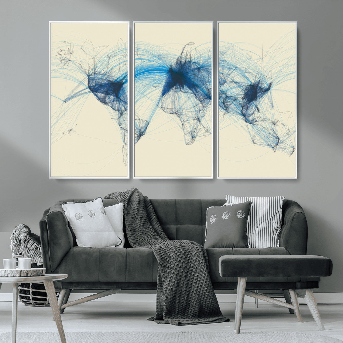 MGV-FC-48X32-3P - Flight Routes Map art Air Traffic Avi World Map with Blue Connections Canvas Wall Art – Modern