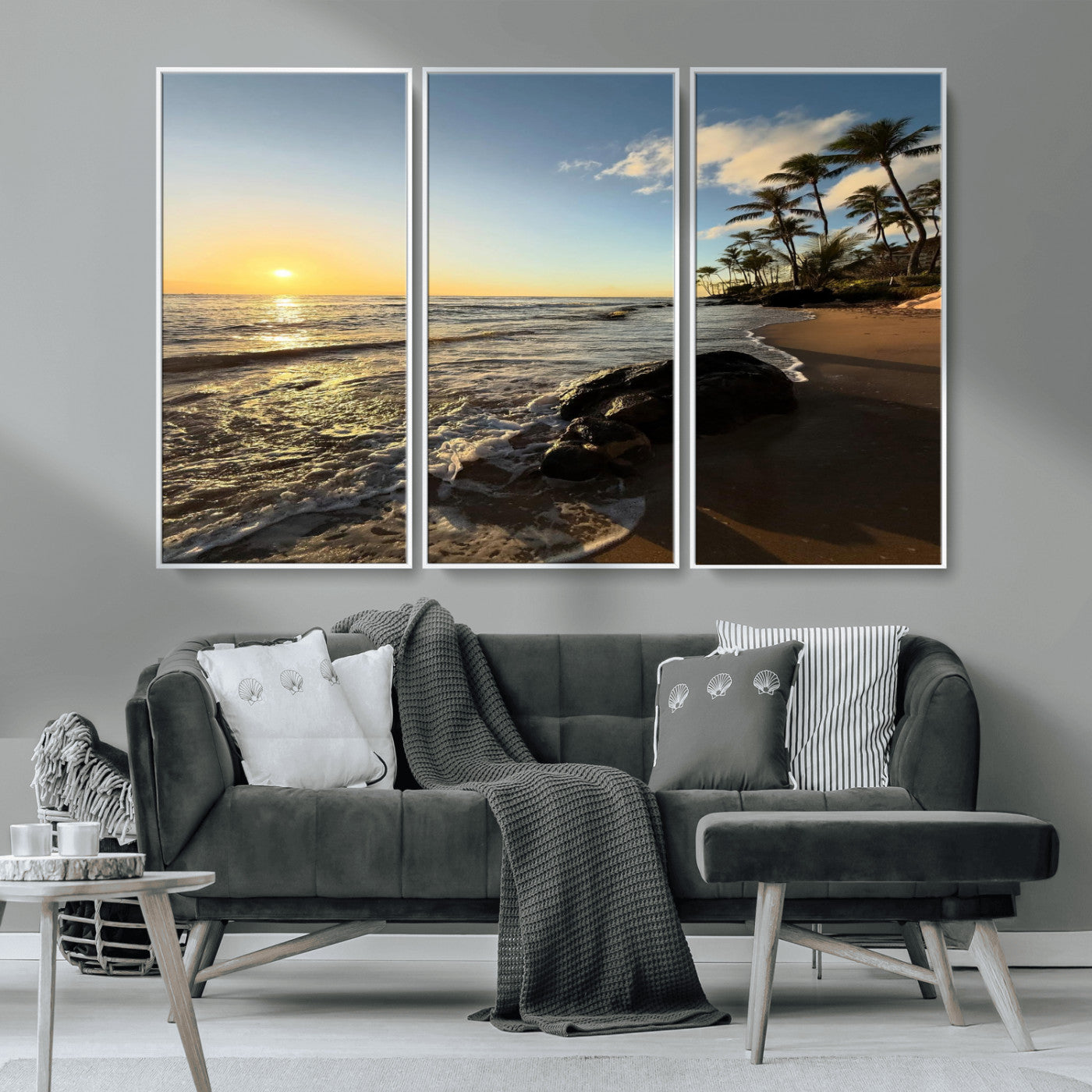 MGV-FC-48X32-3P - Tropical Beach Wall Art - Stunning Ocean Sunset Canvas Print with Palm Tree Design for Relaxing and