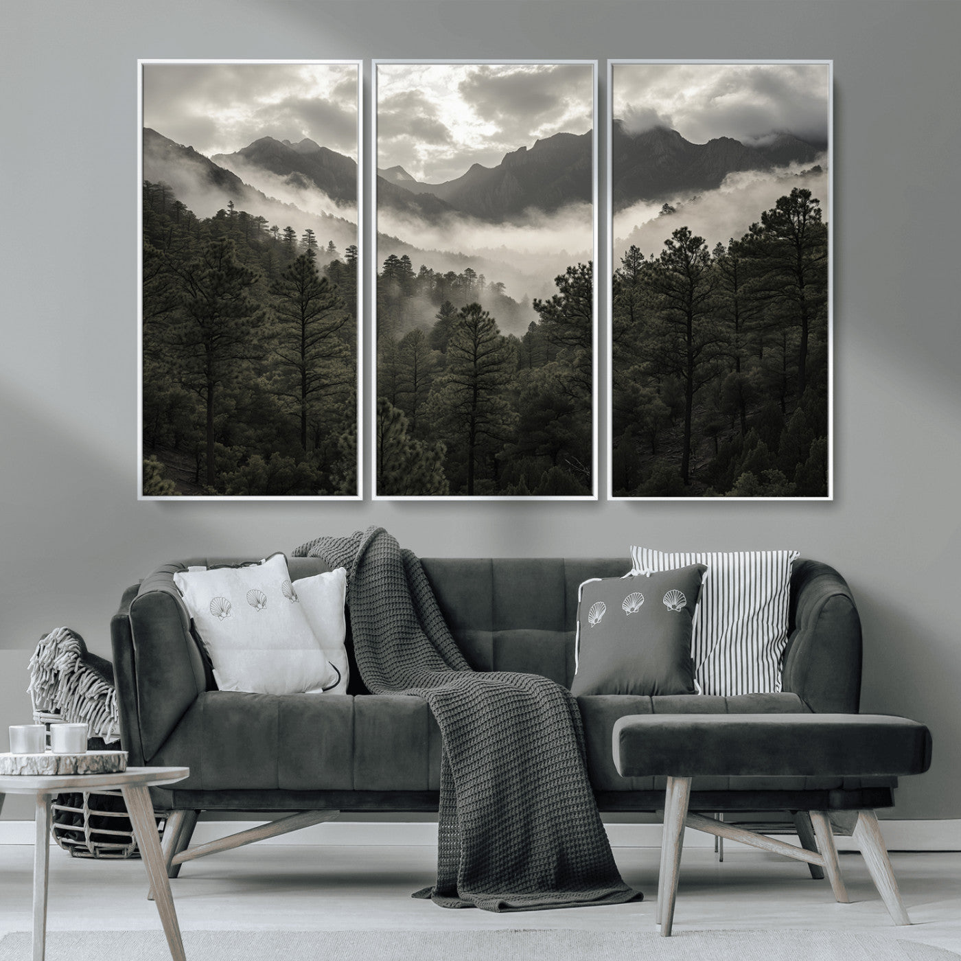 MGV-FC-48X32-3P - Misty Mountain Forest Wall Art – Canvas Print of Cloudy Peaks, Tranquil Pines, Enchanted Landscape, Majestic Nature Decor for Home or Office